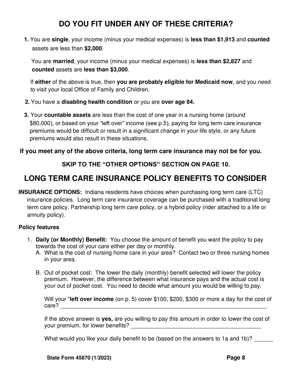 State Form 45870 Self-assessment Guide for Long Term Care Insurance - Indiana, Page 10