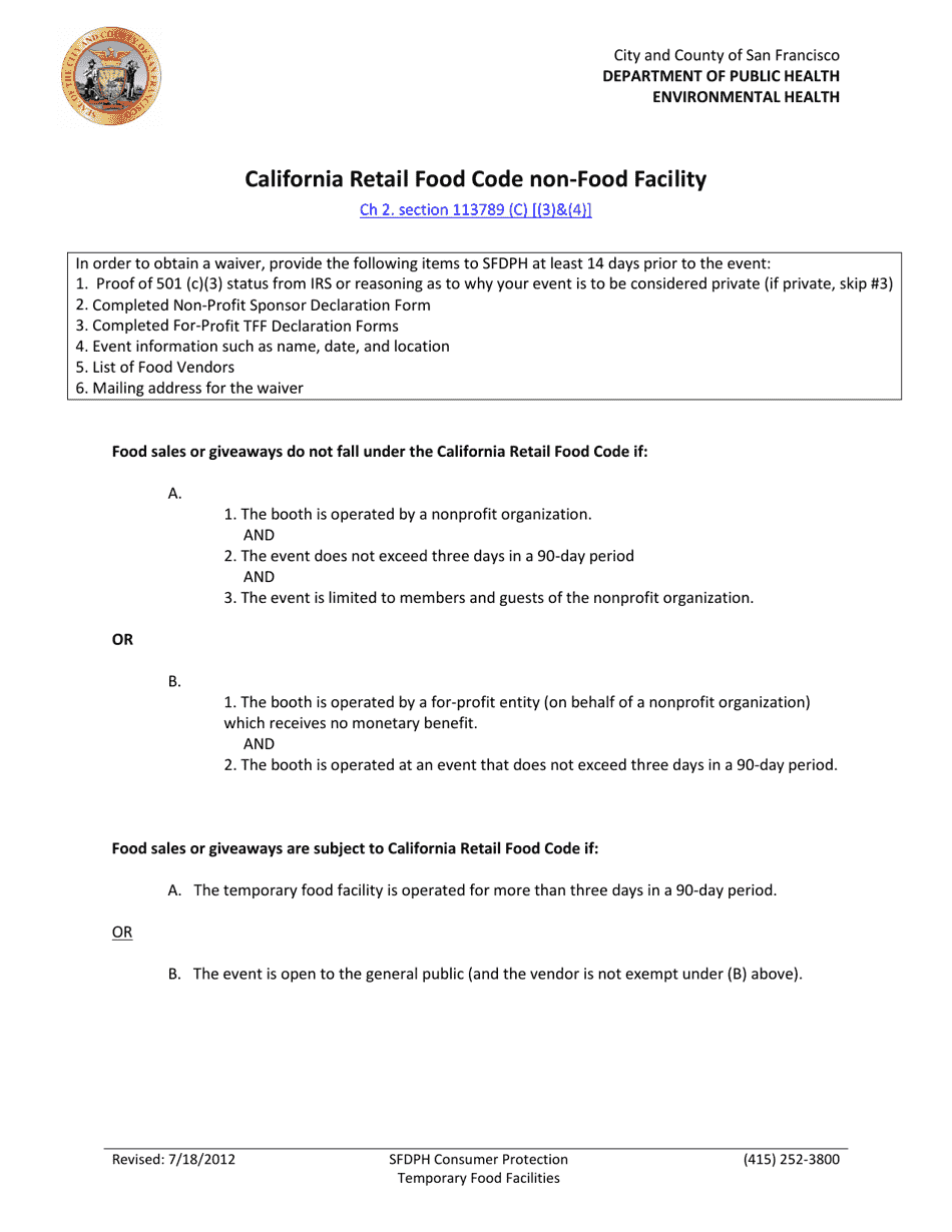 Declaration of Non-profit Sponsor / Declaration of for-Profit Temporary Food Facility (Tff) - City and County of San Francisco, California, Page 1