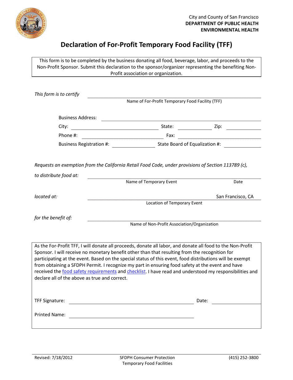 Declaration of Non-profit Sponsor / Declaration of for-Profit Temporary Food Facility (Tff) - City and County of San Francisco, California, Page 3