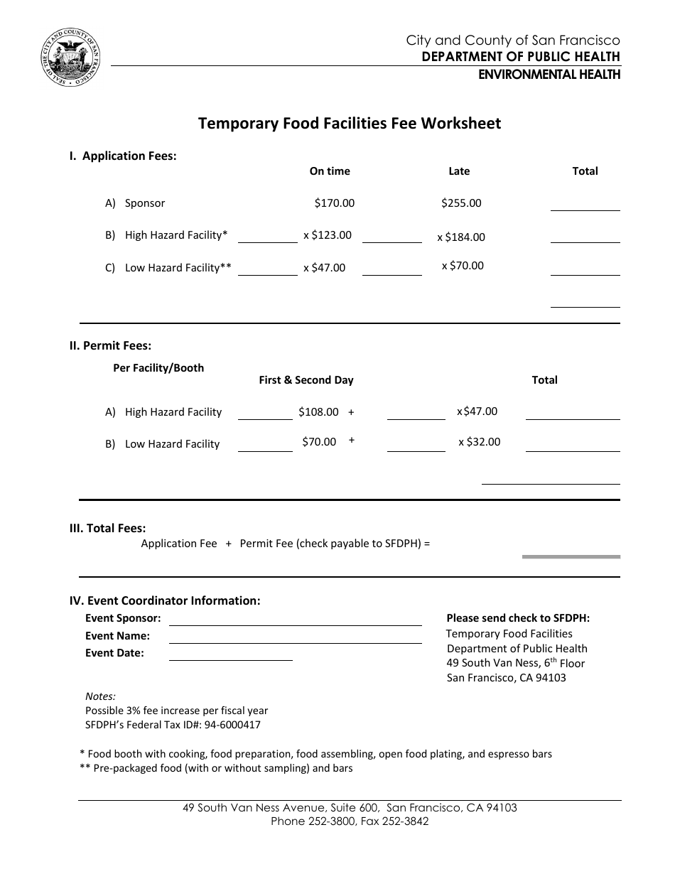 Temporary Food Facilities Fee Worksheet - City and County of San Francisco, California, Page 1