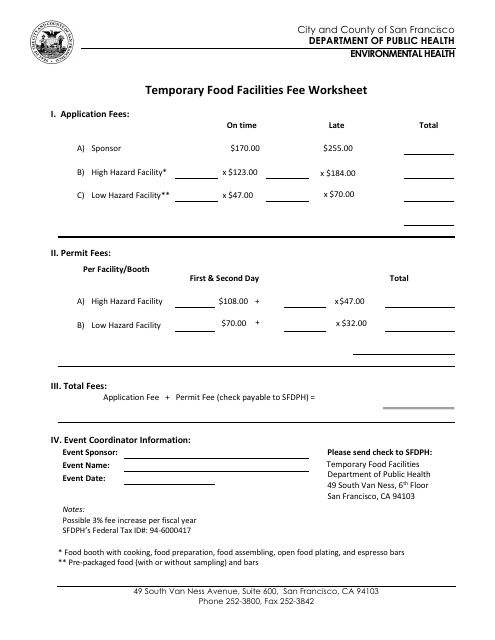 Temporary Food Facilities Fee Worksheet - City and County of San Francisco, California Download Pdf
