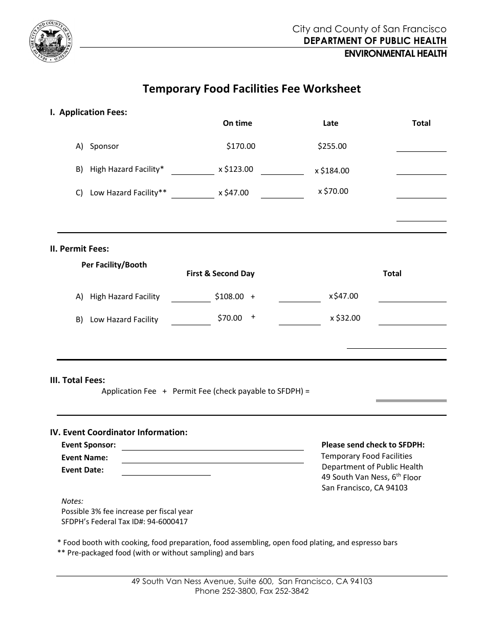 City And County Of San Francisco, California Temporary Food Facilities ...