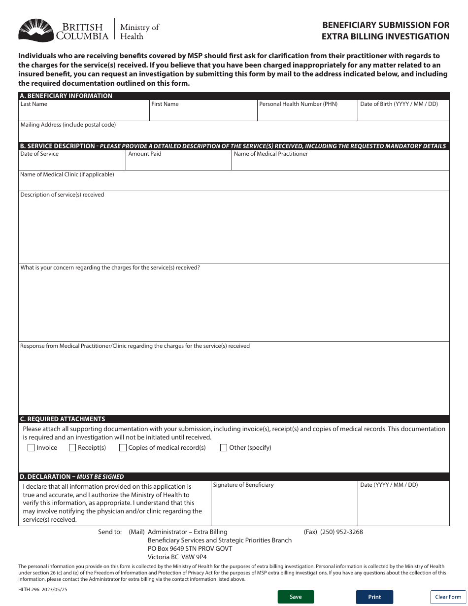 Form HLTH296 Beneficiary Submission for Extra Billing Investigation - British Columbia, Canada, Page 1