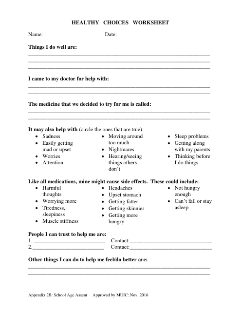 Appendix 2B Healthy Choices Worksheet - School Age Assent - City and County of San Francisco, California