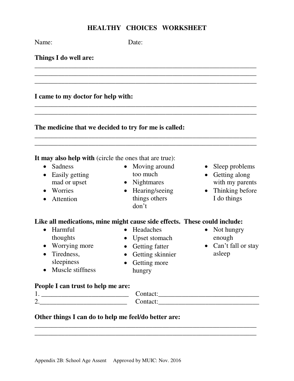 Appendix 2B Healthy Choices Worksheet - School Age Assent - City and County of San Francisco, California, Page 1