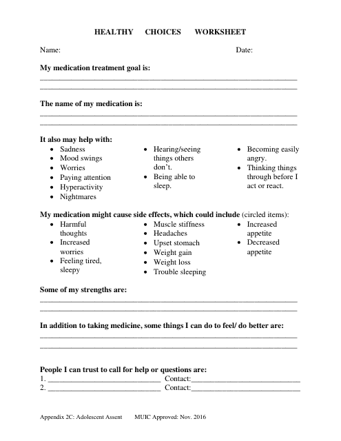 Appendix 2C Healthy Choices Worksheet - Adolescent Assent - City and County of San Francisco, California