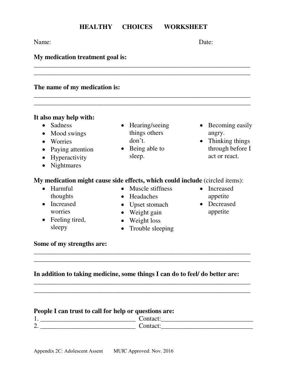 Appendix 2C Healthy Choices Worksheet - Adolescent Assent - City and County of San Francisco, California, Page 1