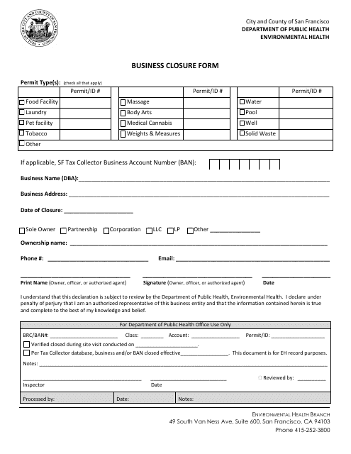 Business Closure Form - City and County of San Francisco, California Download Pdf