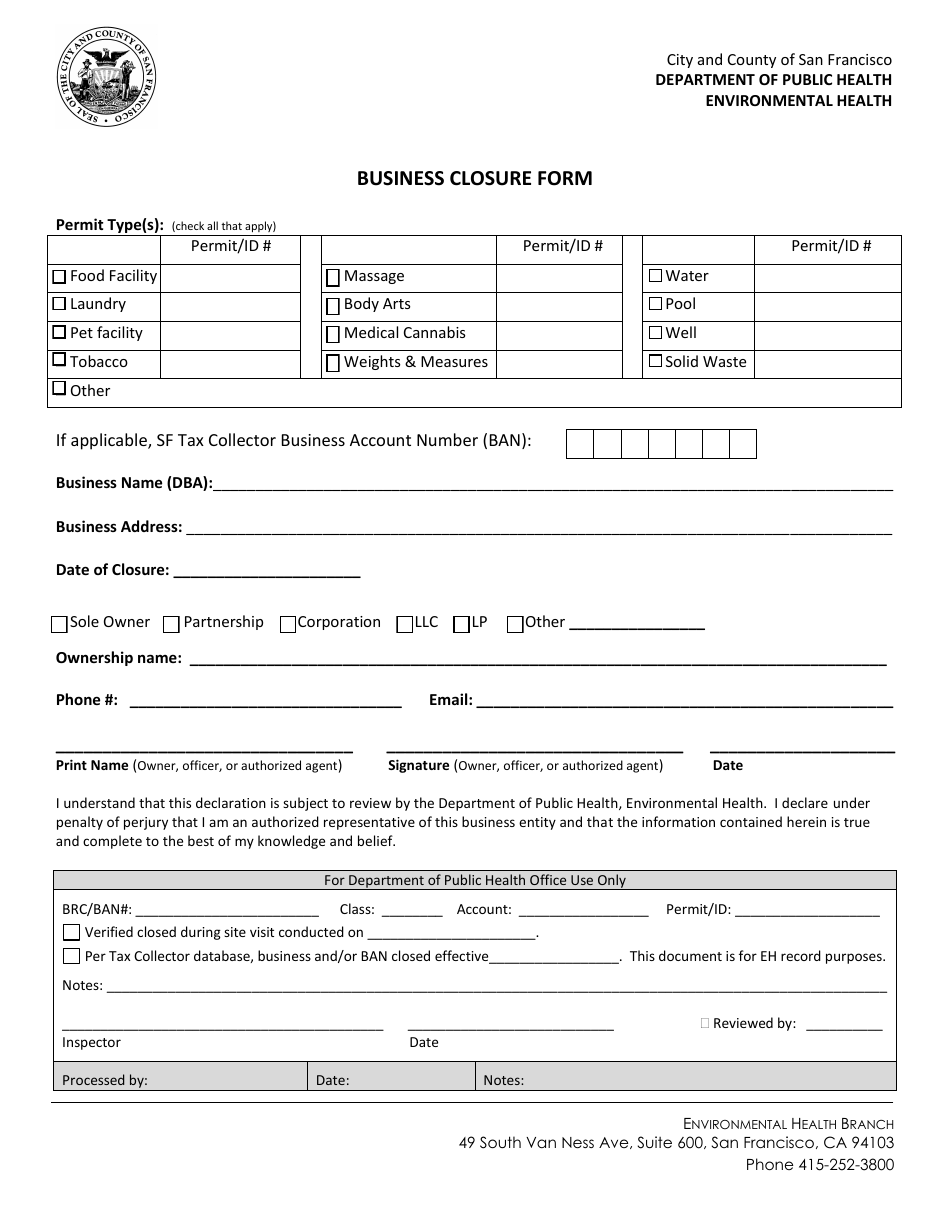 Business Closure Form - City and County of San Francisco, California, Page 1