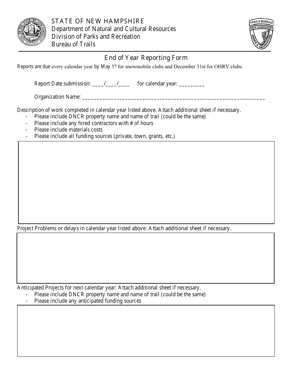 End of Year Reporting Form - New Hampshire, Page 1