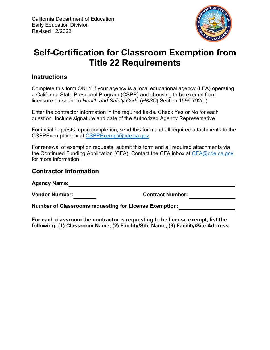 Self-certification for Classroom Exemption From Title 22 Requirements - California, Page 1