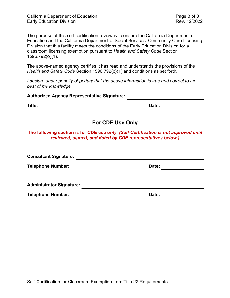 Self-certification for Classroom Exemption From Title 22 Requirements - California, Page 3