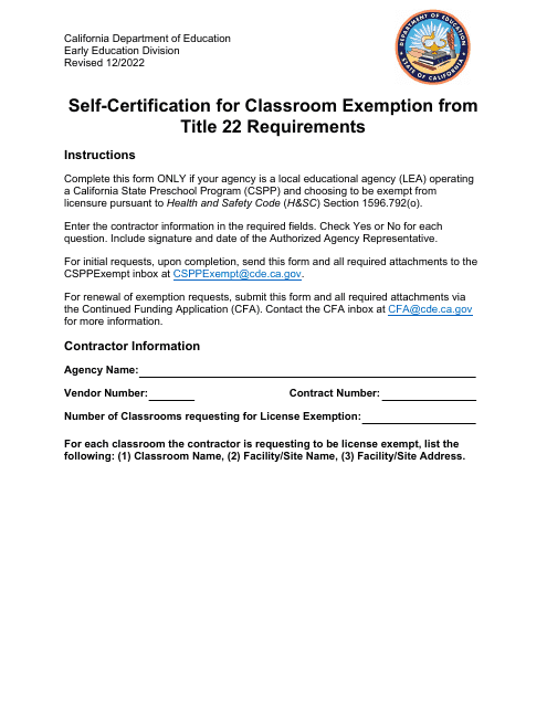 Self-certification for Classroom Exemption From Title 22 Requirements - California Download Pdf