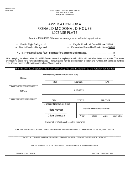Form MVR-27RH Application for a Ronald Mcdonald House License Plate - North Carolina