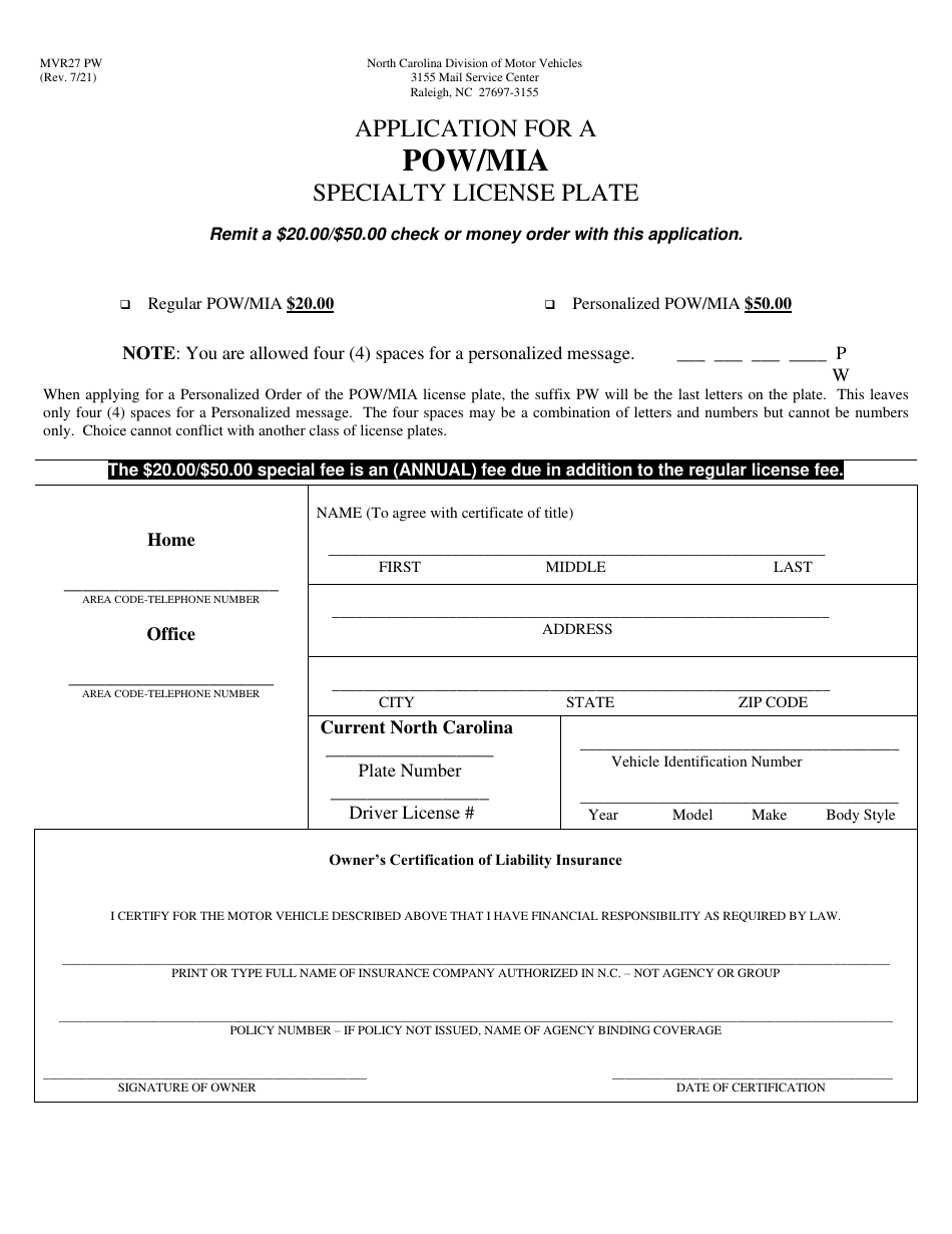 Form MVR-27PW Application for a Pow / Mia Specialty License Plate - North Carolina, Page 1