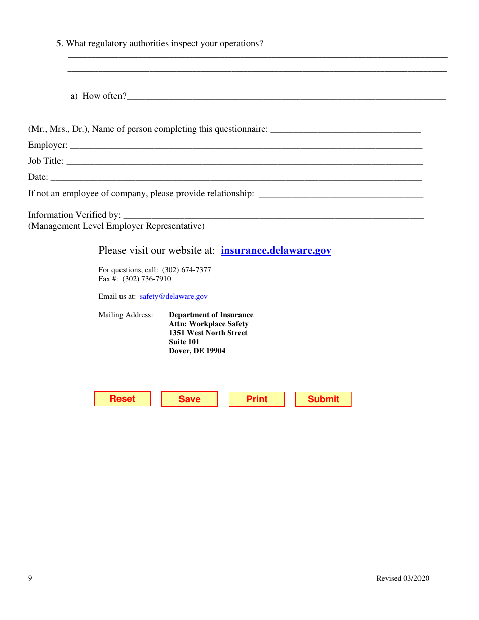Workplace Safety Program Questionnaire - Delaware, Page 10