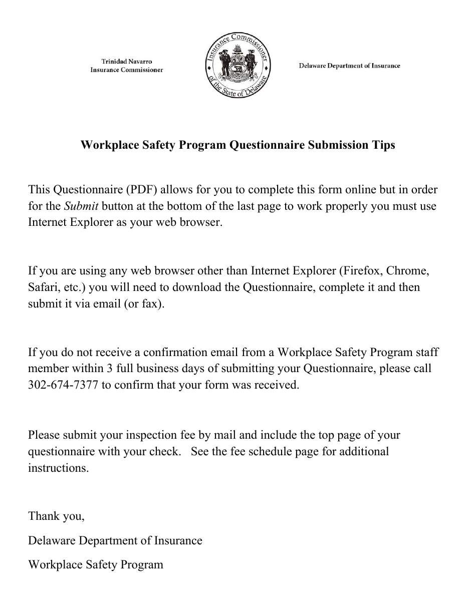Workplace Safety Program Questionnaire - Delaware, Page 1