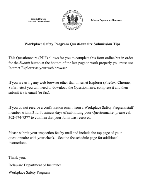 Workplace Safety Program Questionnaire - Delaware Download Pdf