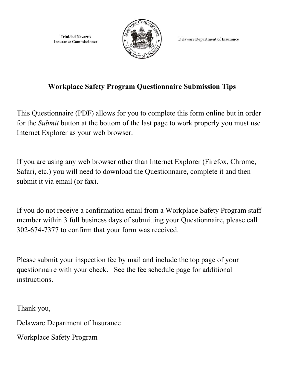Delaware Workplace Safety Program Questionnaire Fill Out, Sign Online