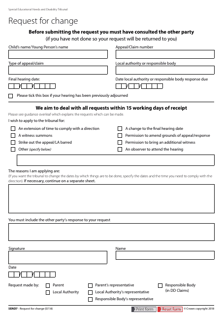 Form SEND7 Request for Change - United Kingdom
