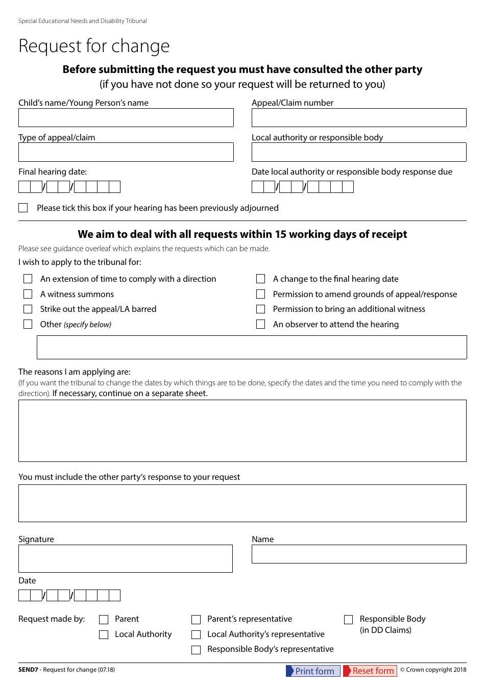 Form SEND7 Request for Change - United Kingdom, Page 1