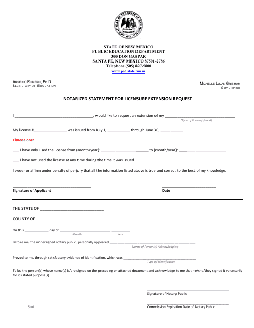 Notarized Statement for Licensure Extension Request - New Mexico Download Pdf