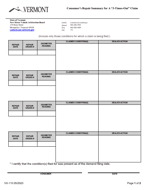 Form VX-110  Printable Pdf