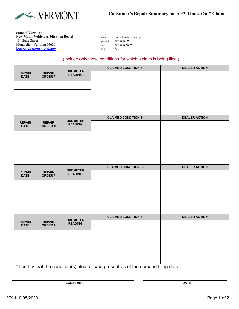 Form VX-110 Consumers Repair Summary for a 3-times-Out Claim - Vermont, Page 1