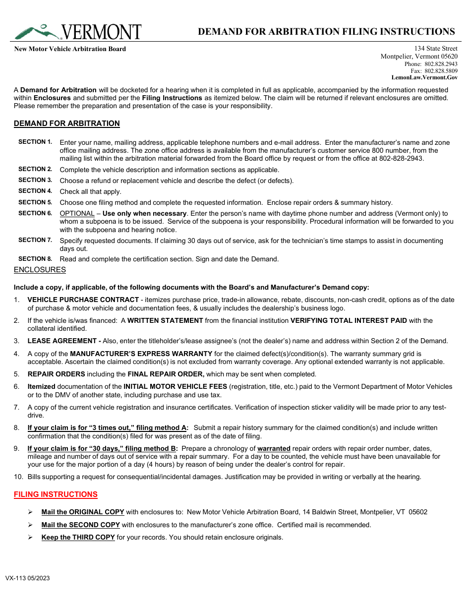 Download Instructions for Form VN-219 Demand for Arbitration ...