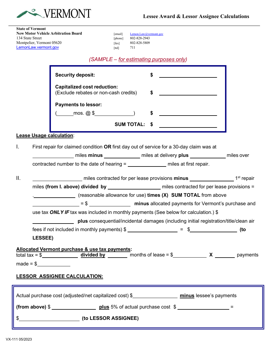 Form VX-111 Lessee Award  Lessor Assignee Calculations - Sample - Vermont, Page 1