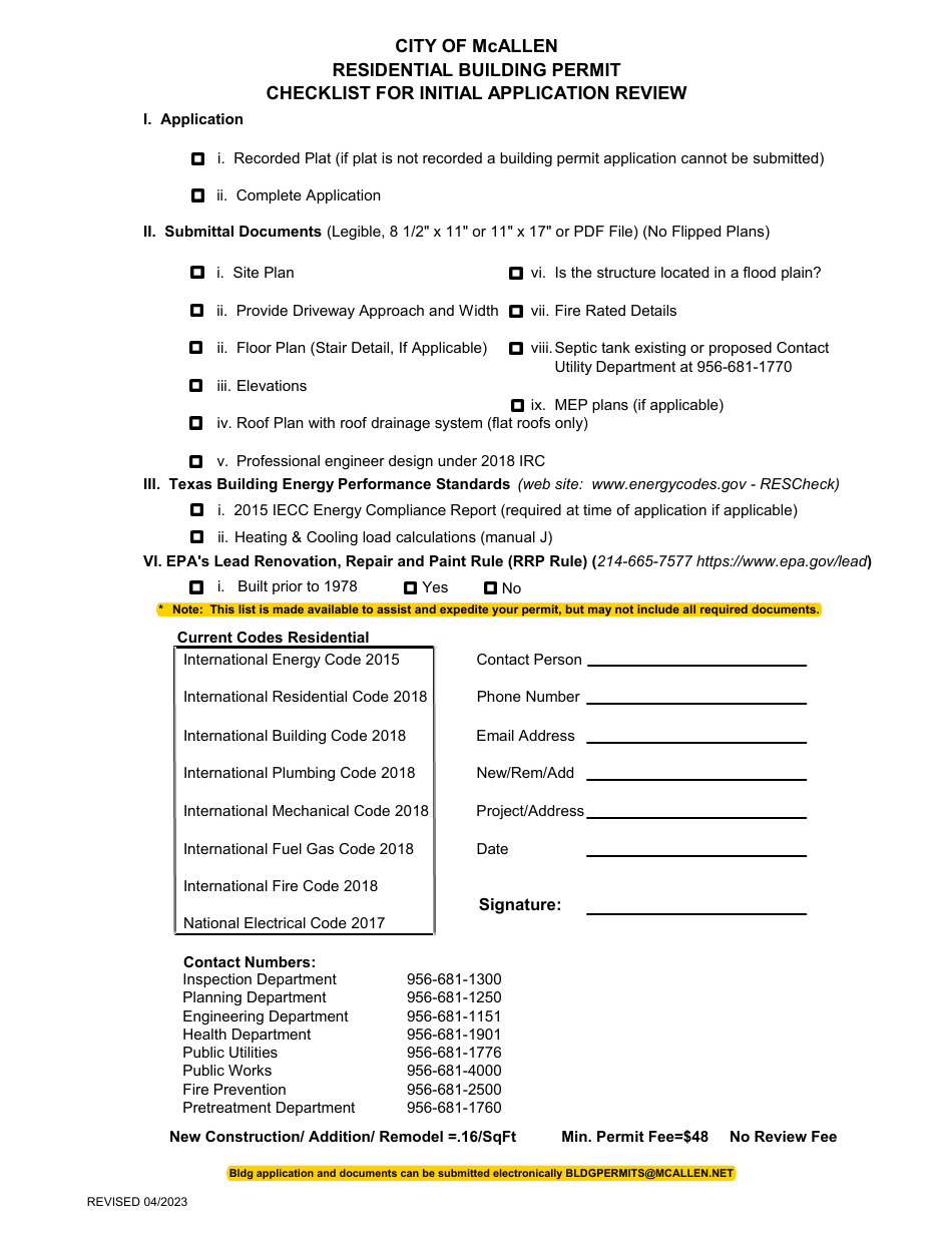 Residential Building Permit - Checklist for Initial Application Review - City of McAllen, Texas, Page 1