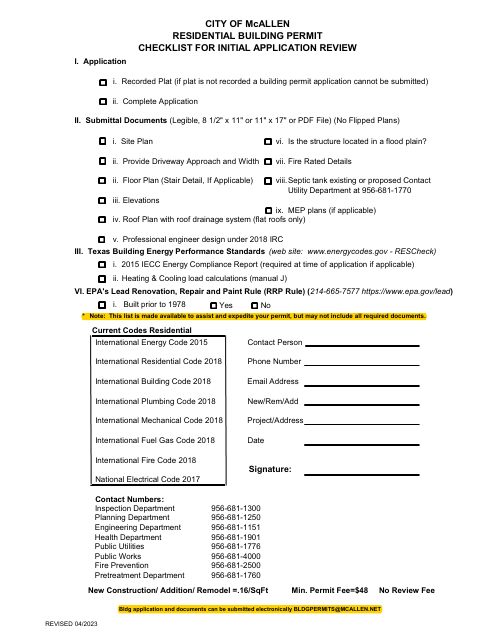 Residential Building Permit - Checklist for Initial Application Review - City of McAllen, Texas
