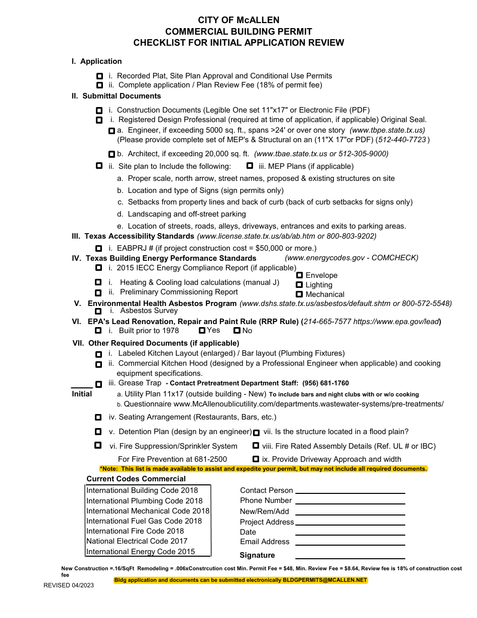 Commercial Building Permit - Checklist for Initial Application Review - City of McAllen, Texas, Page 1