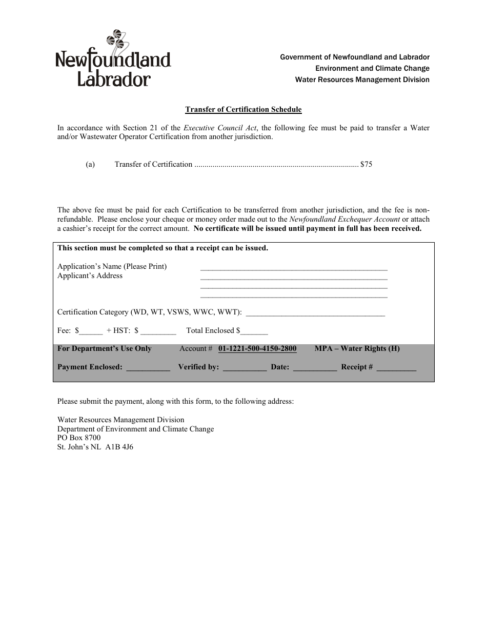 Transfer of Certification Schedule - Newfoundland and Labrador, Canada, Page 1