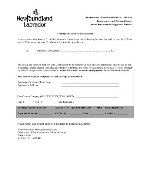 Transfer of Certification Schedule - Newfoundland and Labrador, Canada