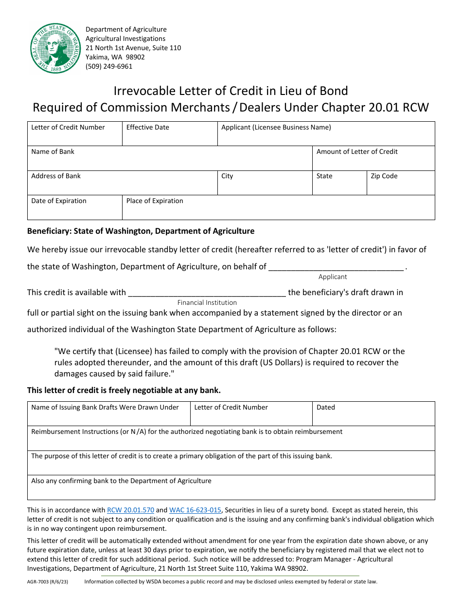 Form AGR-7003 Irrevocable Letter of Credit in Lieu of Bond Required of Commission Merchants / Dealers Under Chapter 20.01 Rcw - Draft - Washington, Page 1