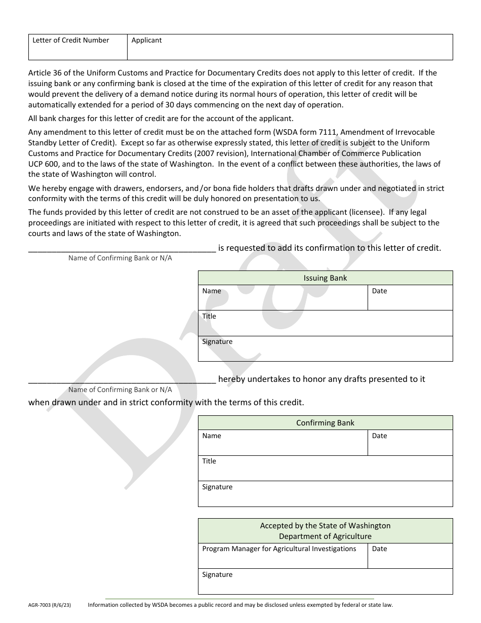Form AGR-7003 Irrevocable Letter of Credit in Lieu of Bond Required of Commission Merchants / Dealers Under Chapter 20.01 Rcw - Draft - Washington, Page 2