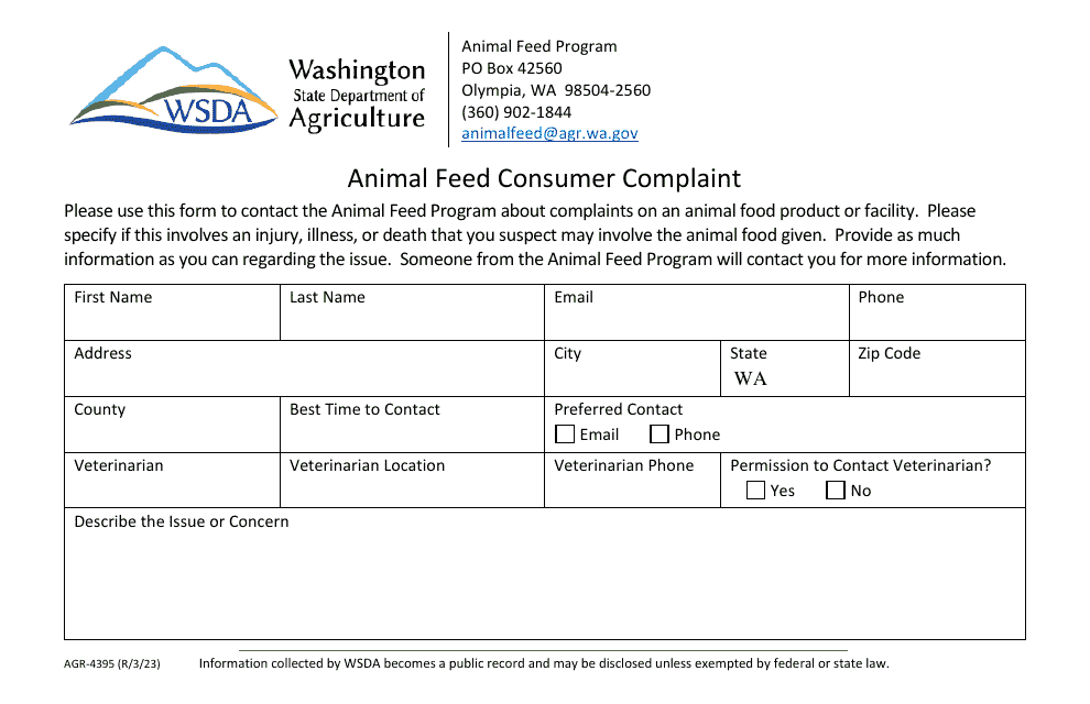 Form AGR-4395 Animal Feed Consumer Complaint - Washington