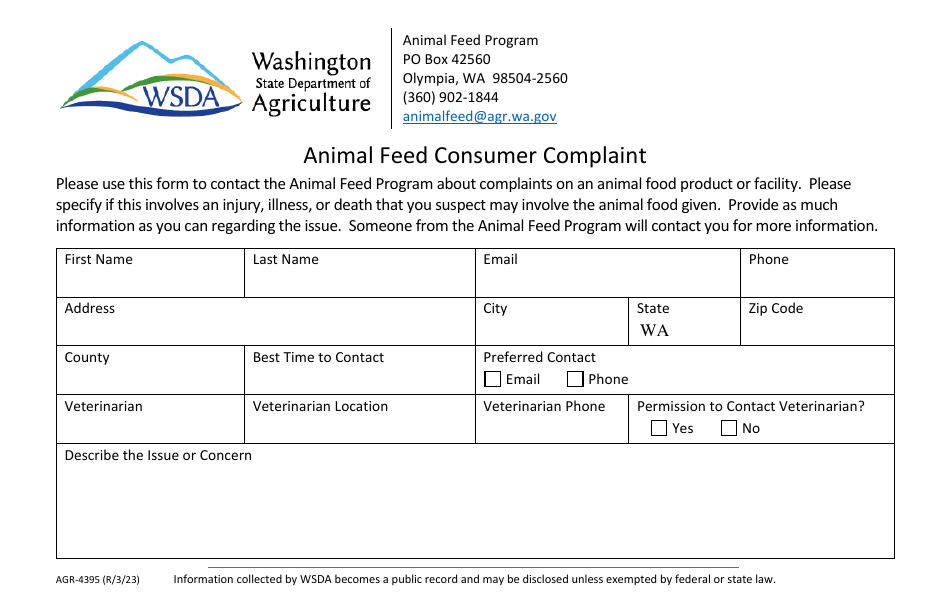 Form AGR-4395 Animal Feed Consumer Complaint - Washington, Page 1