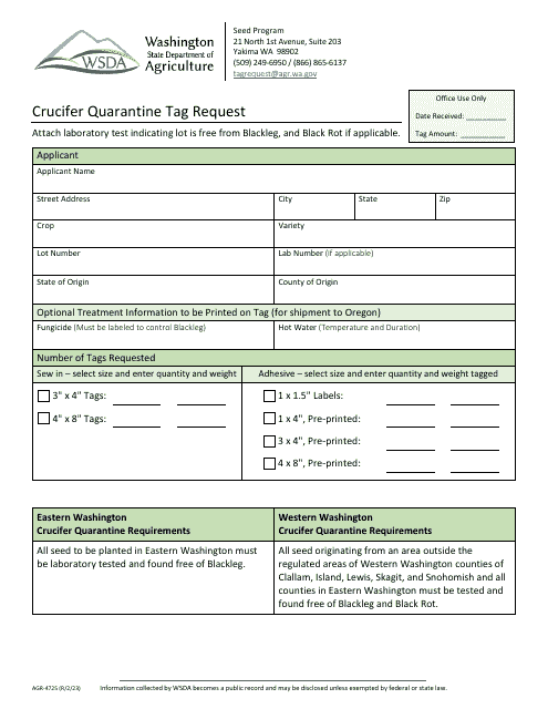 Form AGR-4725 Crucifer Quarantine Tag Request - Washington