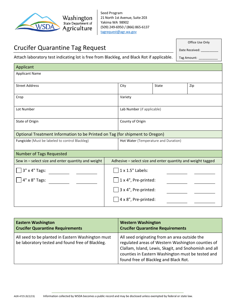 Form AGR-4725 Crucifer Quarantine Tag Request - Washington, Page 1