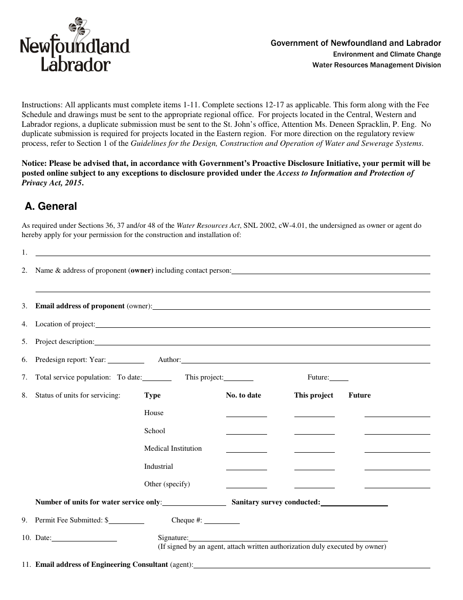 Water  Sewerage Works Application Form - Newfoundland and Labrador, Canada, Page 1