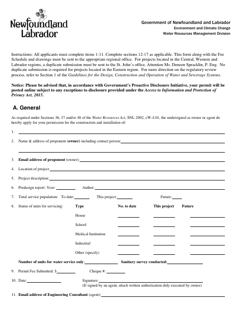 Water & Sewerage Works Application Form - Newfoundland and Labrador, Canada Download Pdf