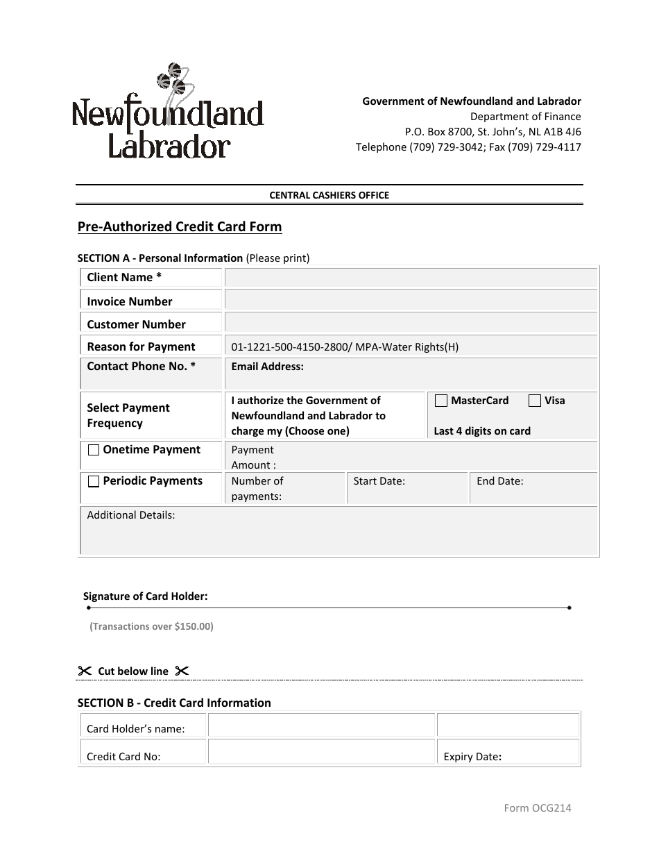 Form OCG214 Central Cashiers Office Pre-authorized Credit Card Form - Newfoundland and Labrador, Canada, Page 1