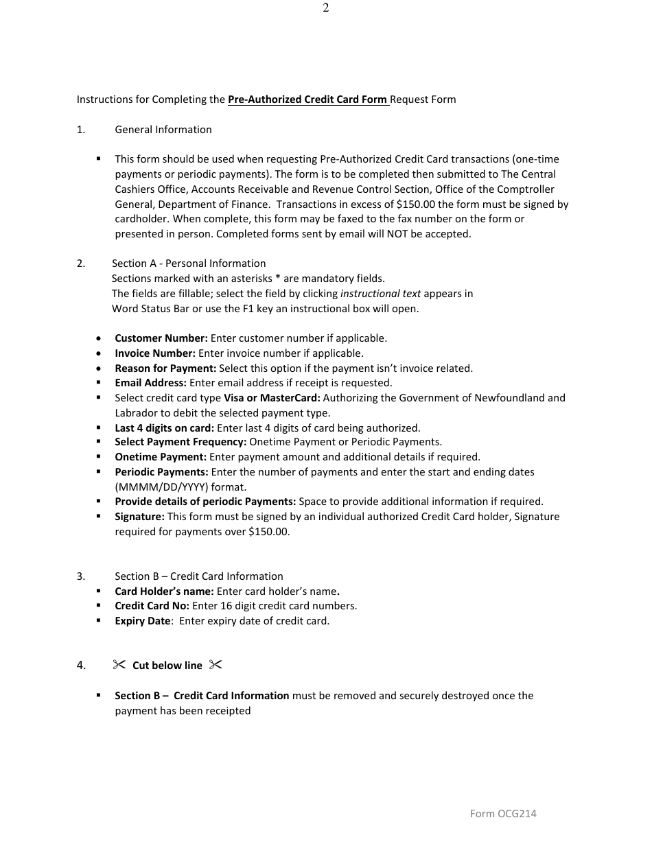 Form OCG214 Central Cashiers Office Pre-authorized Credit Card Form - Newfoundland and Labrador, Canada, Page 2