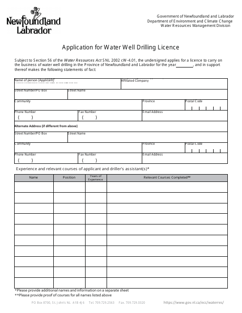 Application for Water Well Drilling Licence - Newfoundland and Labrador, Canada Download Pdf
