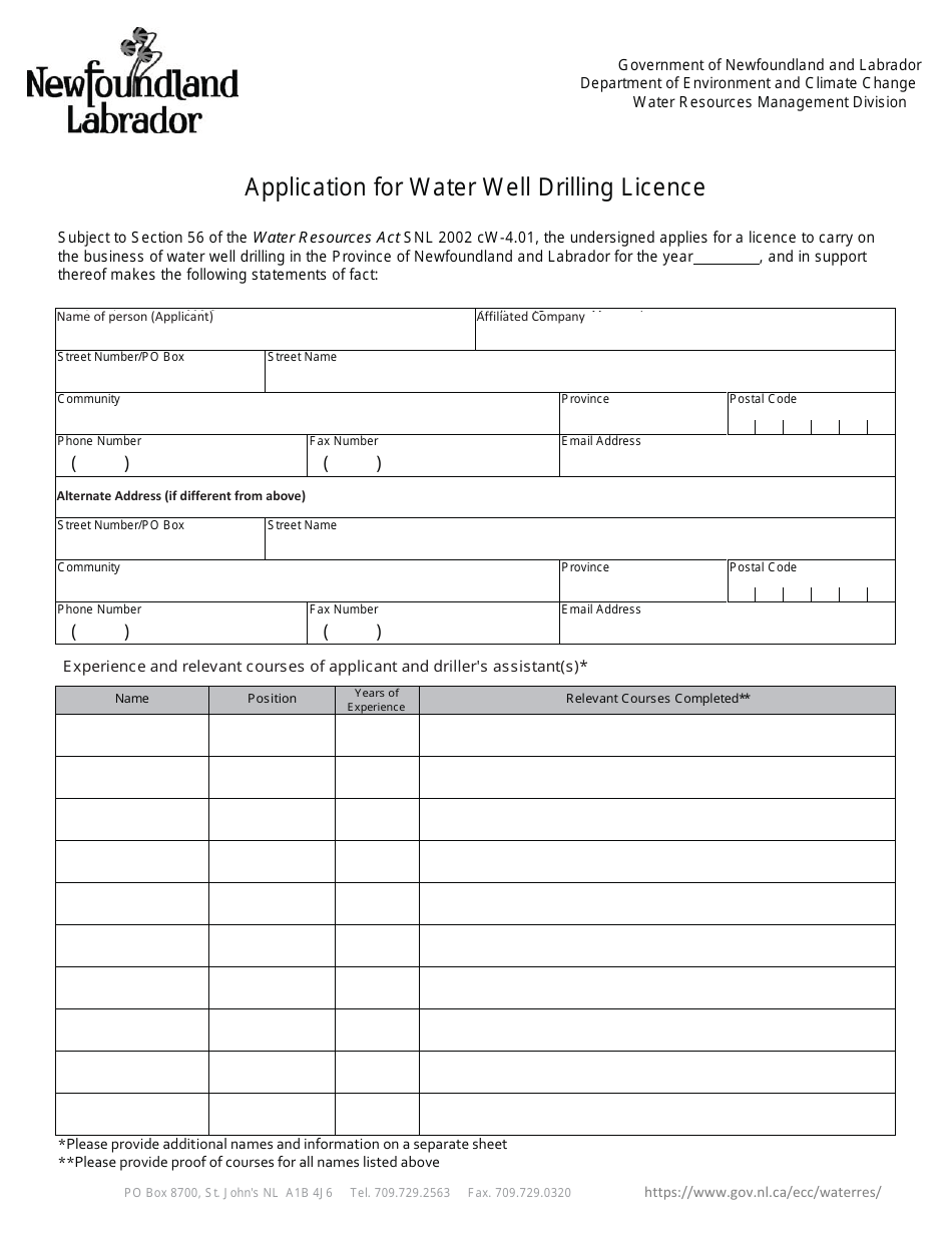 Newfoundland and Labrador Canada Application for Water Well Drilling