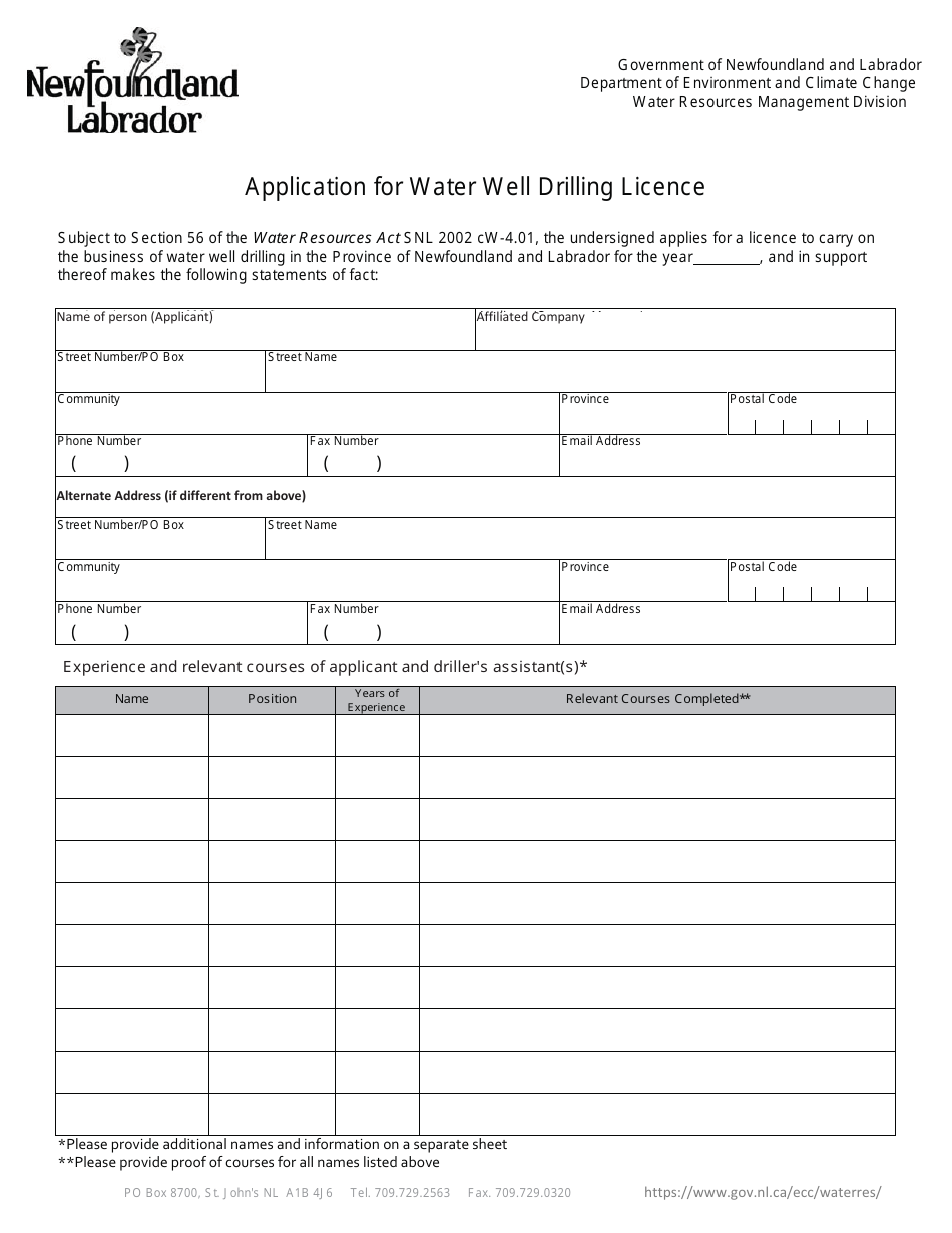 Application for Water Well Drilling Licence - Newfoundland and Labrador, Canada, Page 1