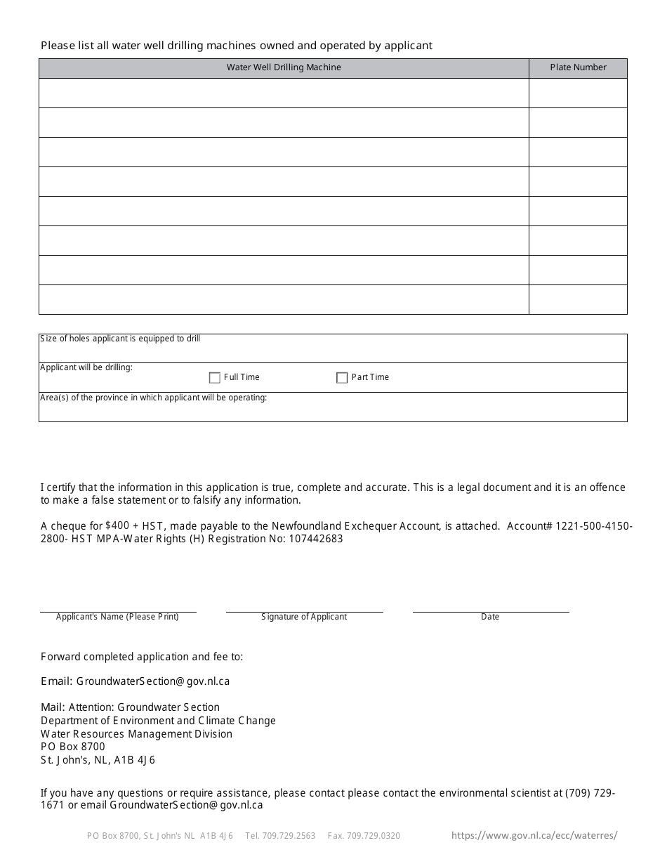 Application for Water Well Drilling Licence - Newfoundland and Labrador, Canada, Page 2