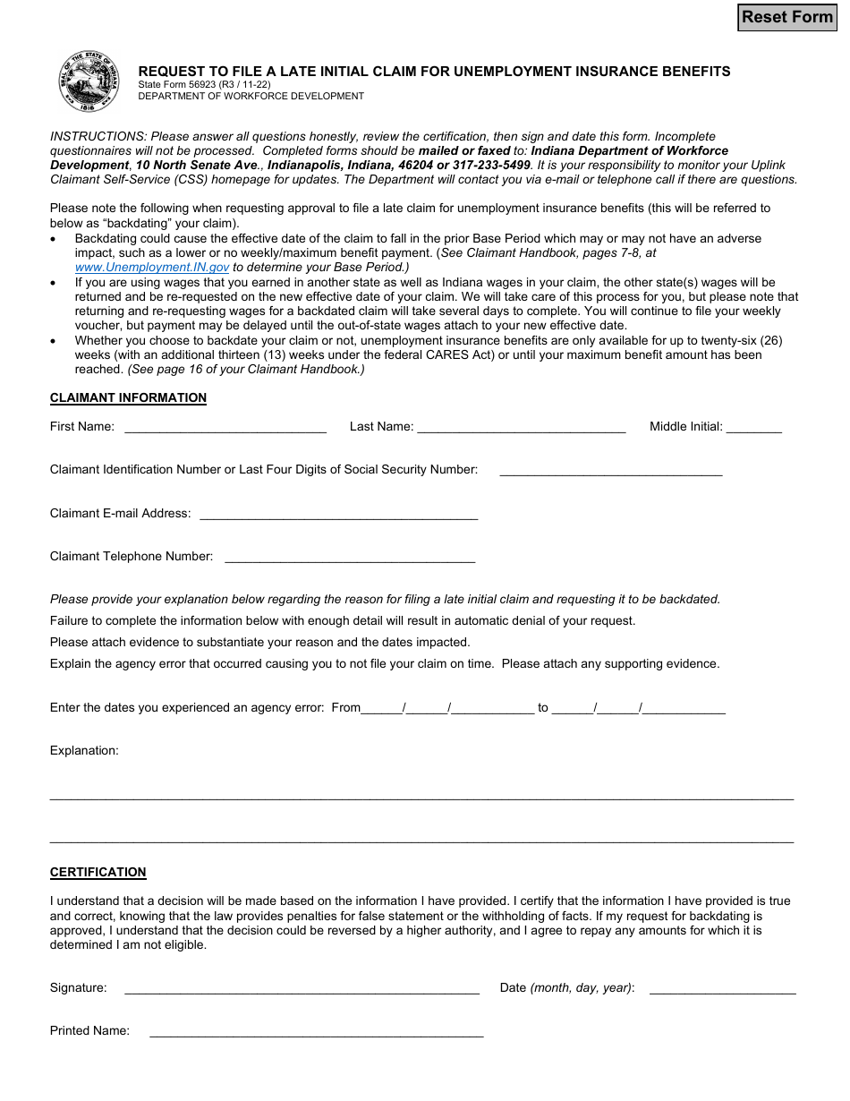 State Form 56923 Download Fillable PDF or Fill Online Request to File a